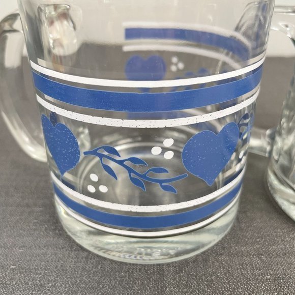 Vintage 90's Set of 2 Country Kitchen Blue Heart‎ Clear Glass Coffee Mugs - Picture 3 of 7